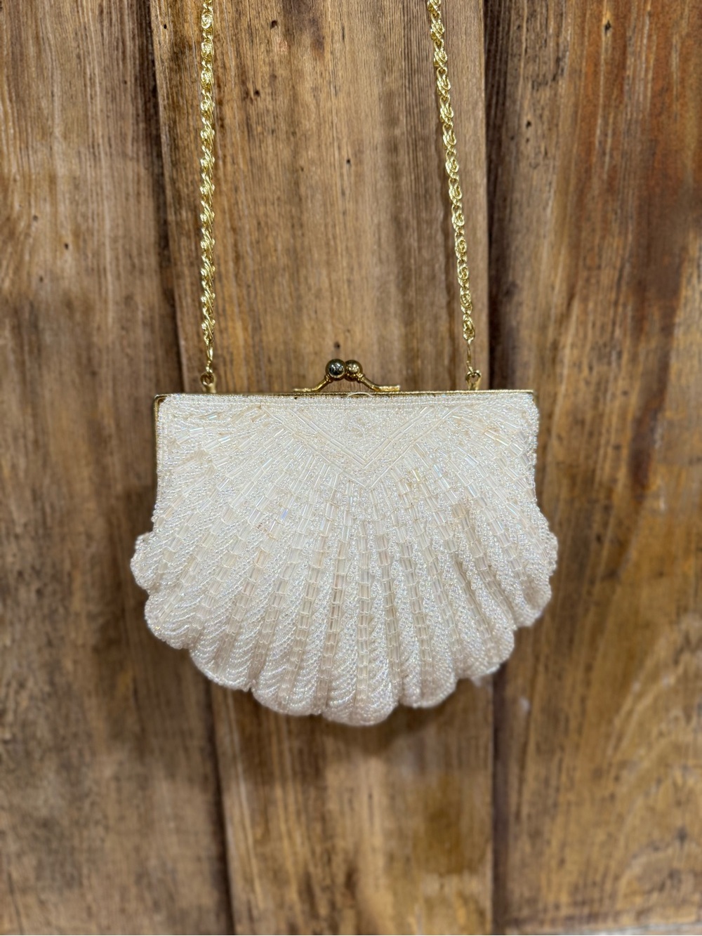 Vintage Ivory Beaded Shell Crossbody with Gold Chain